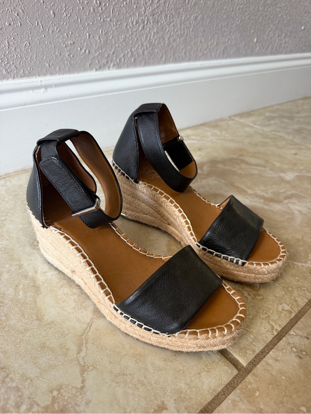 Franco Sarto Black Leather Espadrille Wedge Sandals with Ankle Strap